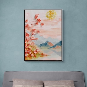 Sakura blossom wall art, Chinoeserie canvas print, framed landscape artwork, large Asian art print, floral above bed wall art, gift for her