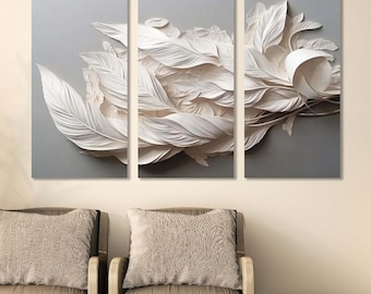 3d effect feathers wall art, large art print, printable multi panel artwork, white feathers wall hanging decor, living room canvas print