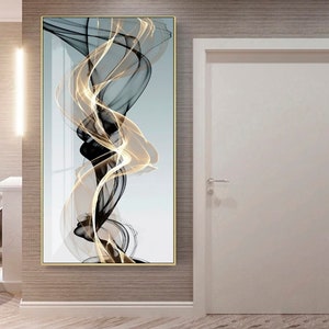 Gold framed canvas wall art abstract, black and gold vertical painting, large floating frame wall art bedroom, extra large wall art print