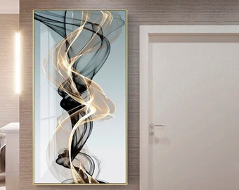 Gold framed canvas wall art abstract, black and gold vertical painting, large floating frame wall art bedroom, extra large wall art print