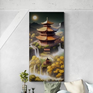 Large oriental canvas print, framed japanese wall art, floater frame wall art, architecture wall art, modern Asian nature wall art bedroom