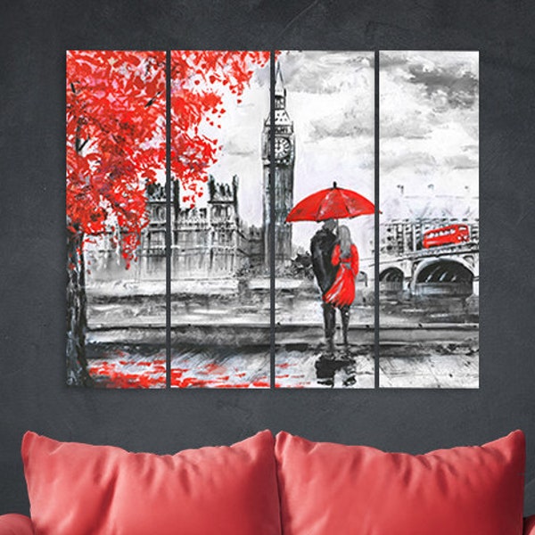 Love paintings on canvas, valentines day gift, love picture,  red umbrella art, Red tree wall decor, couple in love art extra large wall art