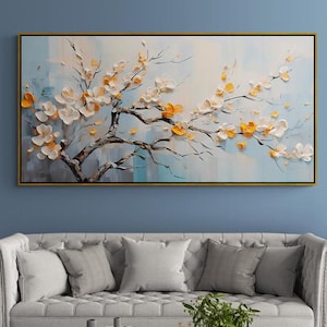 Cherry blossom wall art, oil painting canvas print, framed floral art print, Japanese style wall art, godmother gift, above bed wall art