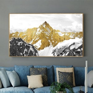 Golden mountain canvas wall art, gold floater frame printable artwork, large nature canvas print, landscape wall art, housewarming gift