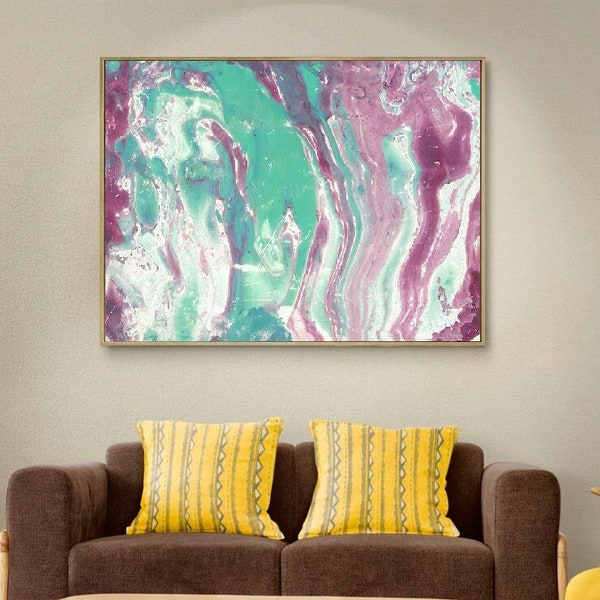 Abstract wave painting on canvas, colorful floating frame print, large blue purple minimalist printable artwork, colorful modern art gift