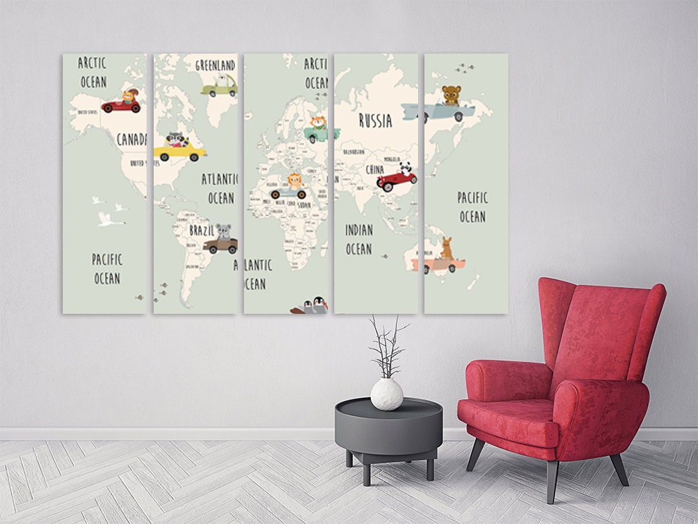 Children's World Map Wall Art Paintings on Canvas Nursery Etsy