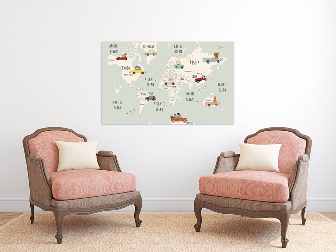 Children's World Map Wall Art Paintings on Canvas Nursery Etsy