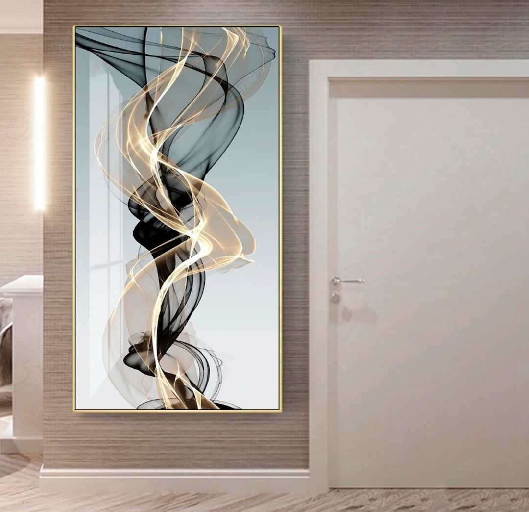 Gold Framed Canvas Wall Art Abstract, Black and Gold Vertical Painting