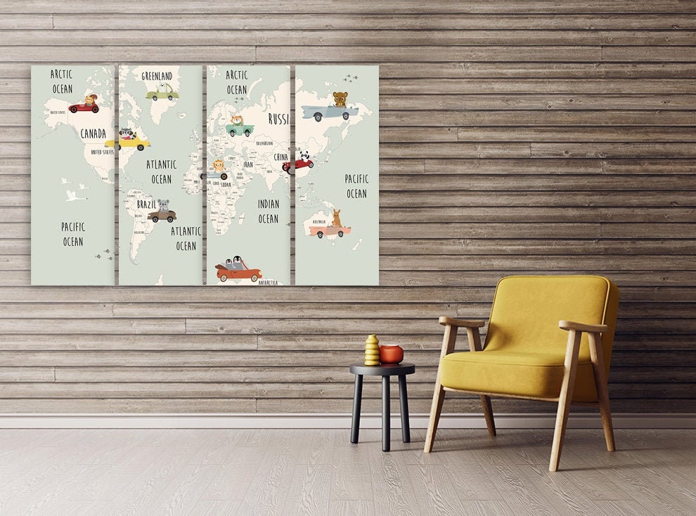 Children's World Map Wall Art Paintings on Canvas Nursery Etsy