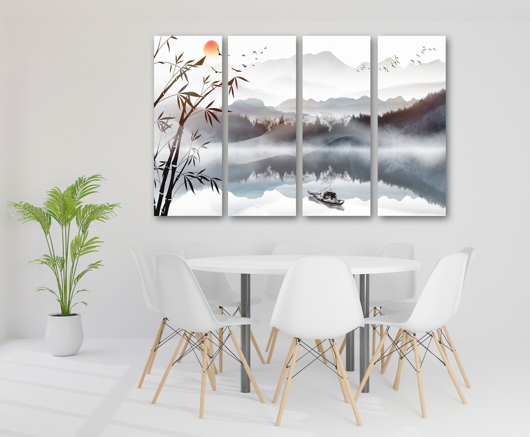 Asian Framed Wall Art, Blue Ridge Mountains Canvas Painting, Rocks and