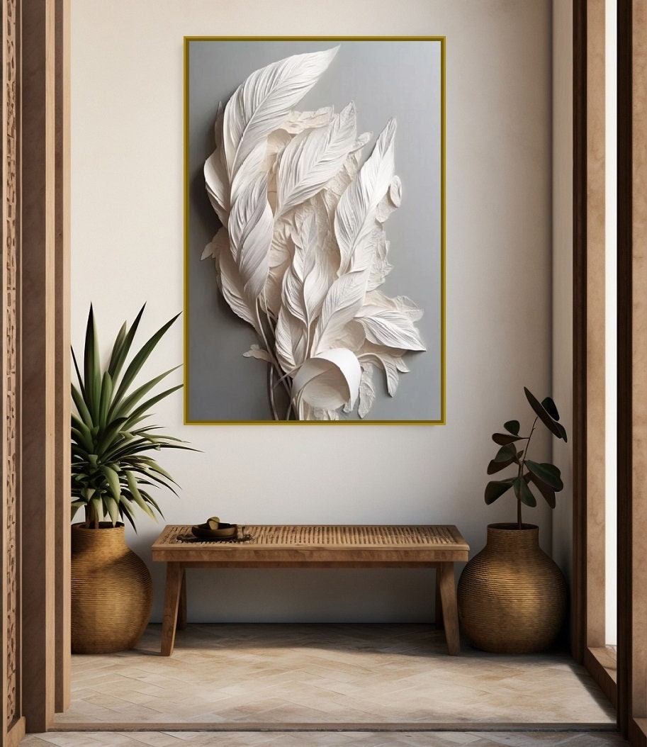 3d effect feathers canvas print, framed printed wall art, white feathers artwork, large modern wall art, floater frame living room wall art