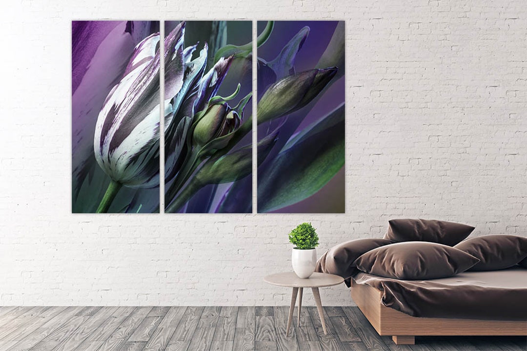 Tulip Canvas Painting Flowers Wall Art Print Neon Purple Home Wall