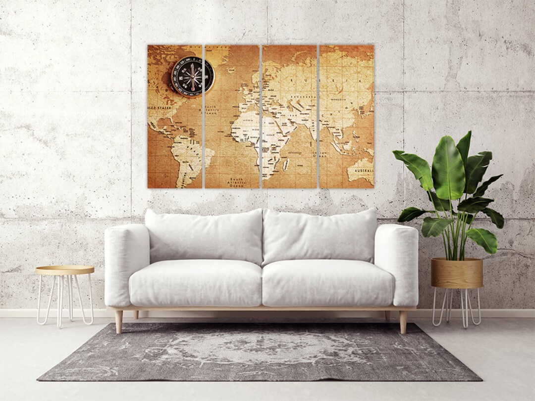 Vintage World Map Canvas Art: Large Multi-panel Wall Decor - Etsy