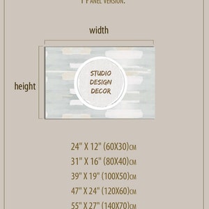 May include: Sizing guide for a single panel canvas print with a light blue background and white and beige brushstrokes. The print features a circle with the text "Studio Design Decor" in brown text. The guide lists five different sizes in inches and centimeters.
