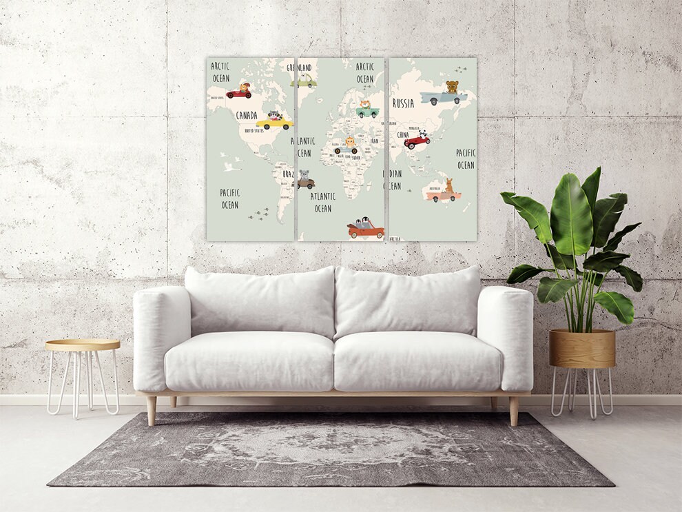 Children's World Map Wall Art Paintings on Canvas Nursery Etsy