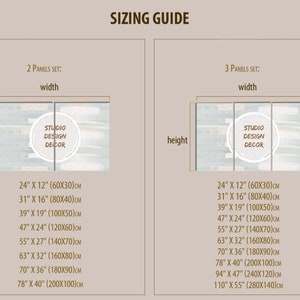 May include: Sizing guide for canvas prints with two and three panel options. The guide shows the width and height of the prints in inches and centimeters. The prints feature a light blue and beige abstract design with the text "Studio Design Decor" in a circle.