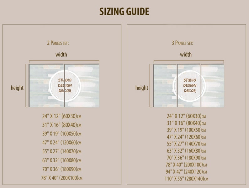 May include: Sizing guide for canvas prints with two and three panel options. The guide shows the width and height of the prints in inches and centimeters. The prints feature a light blue and beige abstract design with the text "Studio Design Decor" in a circle.