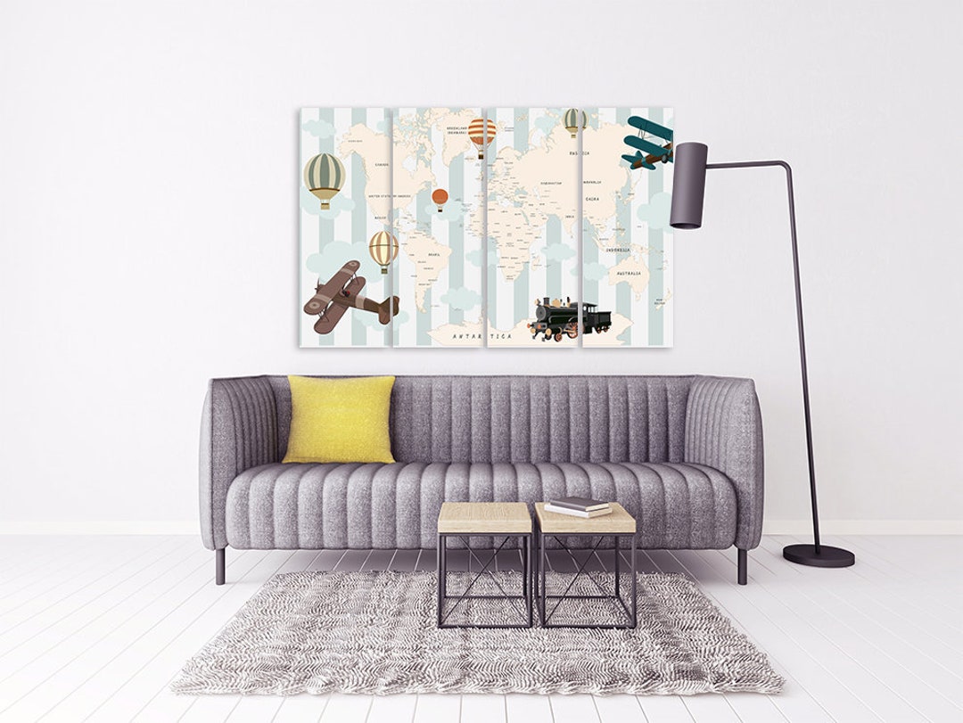 World Map Wall Art, Children's World Map Wall Art Paintings on Canvas