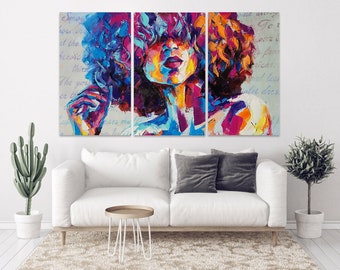 Trendy Black Afro woman African american bright wall art multi panel extra large canvas art painting