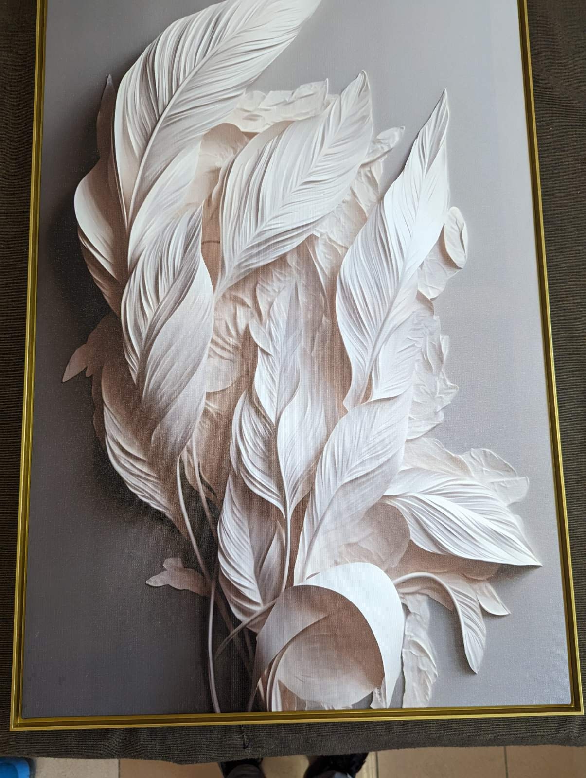 3d effect feathers canvas print, framed printed wall art, white feathers artwork, large modern wall art, floater frame living room wall art