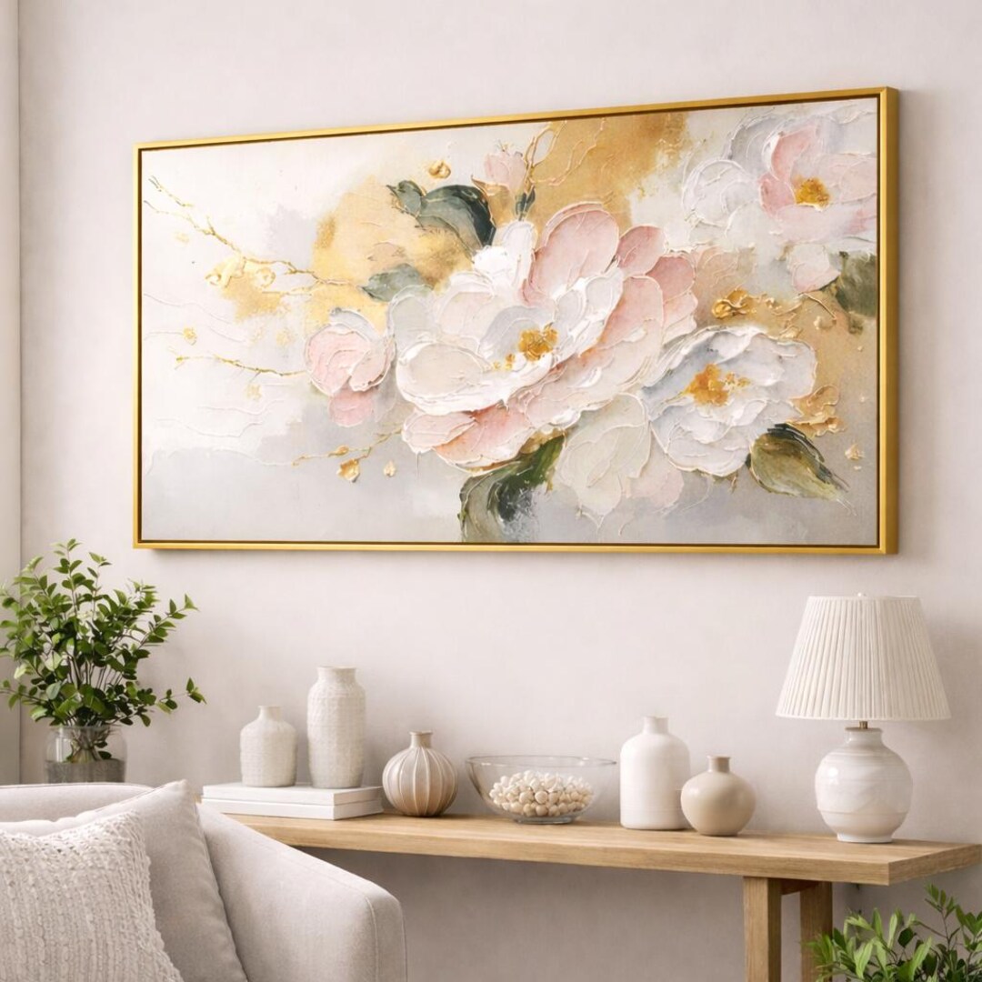 Blush Pink Peony Wall Art, Large Neutral Floral Canvas, Abstract Framed ...