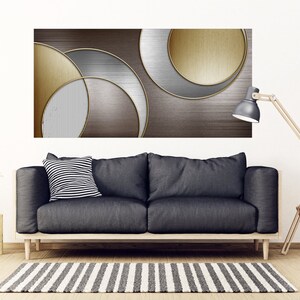 May include: Abstract art print featuring overlapping circles in shades of gold, silver, and brown. The circles have a metallic finish and create a modern and geometric design.