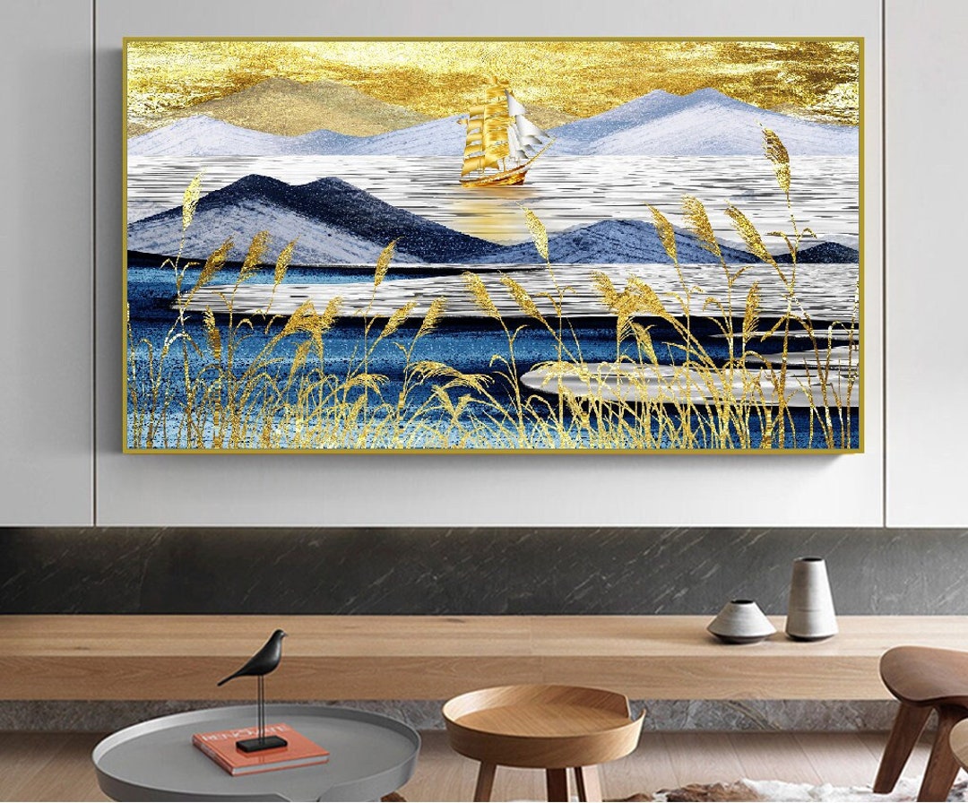 Extra Large Nature Wall Art Blue Gold Floater Frame Canvas Etsy