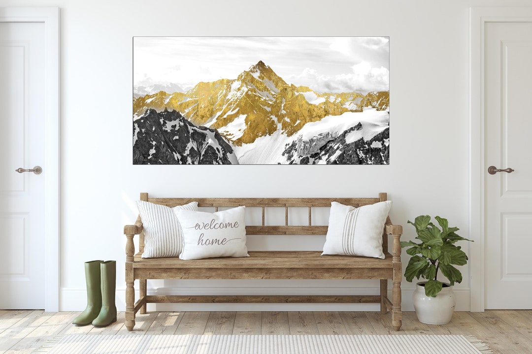 Gold Mountains Wall Art Paintings on Canvas, Wall Pictures Mountains