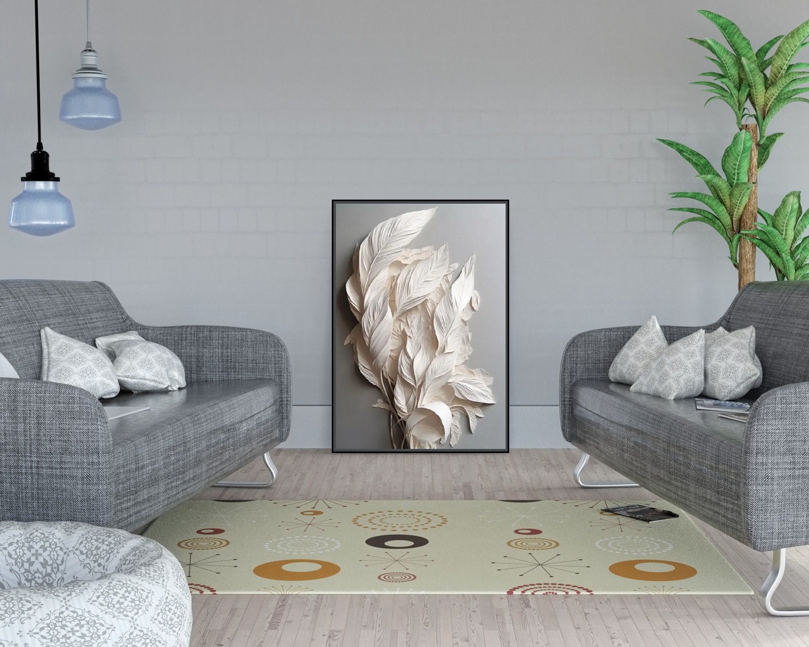 3d effect feathers canvas print, framed printed wall art, white feathers artwork, large modern wall art, floater frame living room wall art