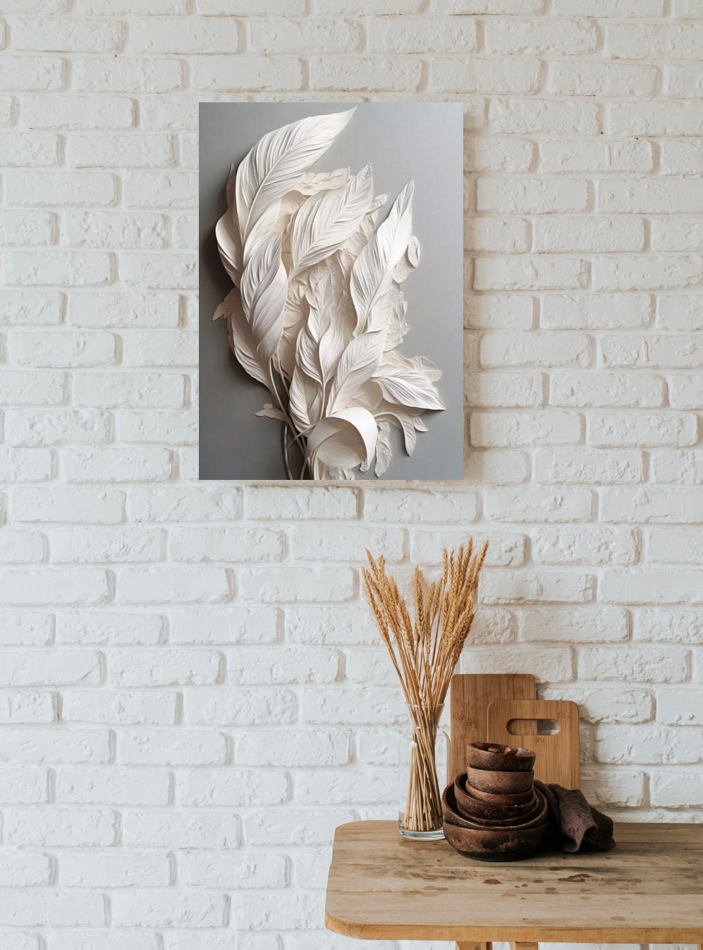 3d effect feathers canvas print, framed printed wall art, white feathers artwork, large modern wall art, floater frame living room wall art