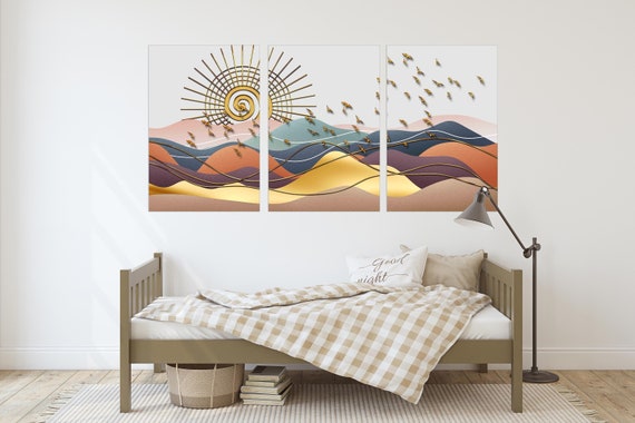 Golden Sun Rocks and Mountains 3 Panel Canvas Home Wall Decor - Etsy