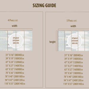 May include: Sizing guide for a multi-panel canvas print set. The guide shows the different sizes available for both 4 and 5 panel sets. The sizes are listed in inches and centimeters. The image shows a sample canvas print with a light blue and white abstract design.