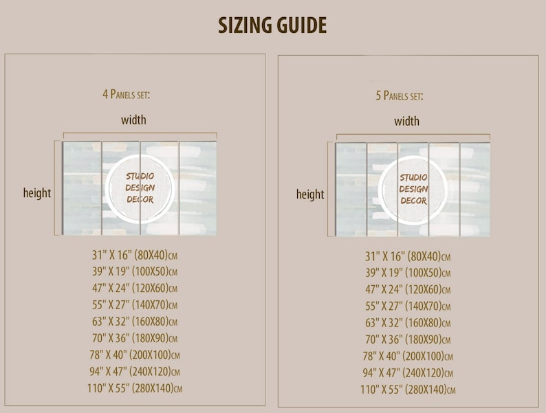 May include: Sizing guide for a multi-panel canvas print set. The guide shows the different sizes available for both 4 and 5 panel sets. The sizes are listed in inches and centimeters. The image shows a sample canvas print with a light blue and white abstract design.
