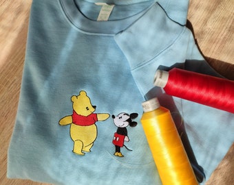 Embroidered Cartoon Sweatshirt, Winnie the Pooh & Mickey Mouse, Unisex Apparel
