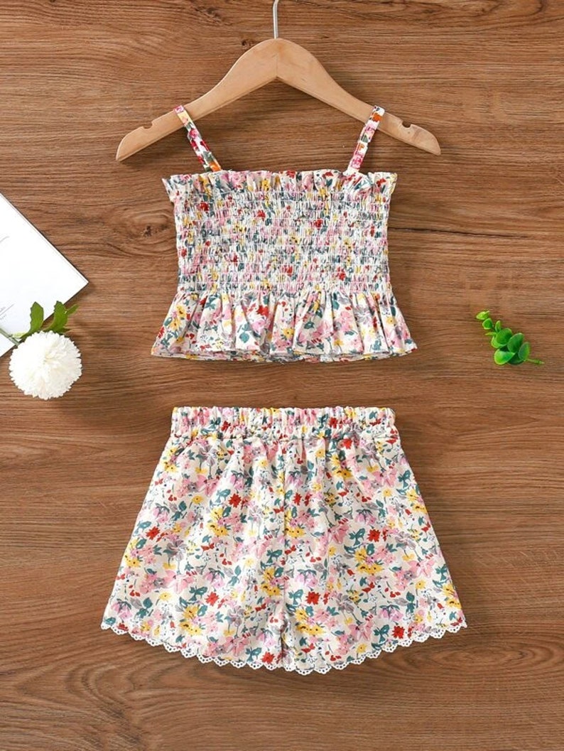 Cute Girl Clothing Set Toddler Girls Floral Print Shirred Cami Top /& Shorts Little Girl Cute Outfit Clothes Set