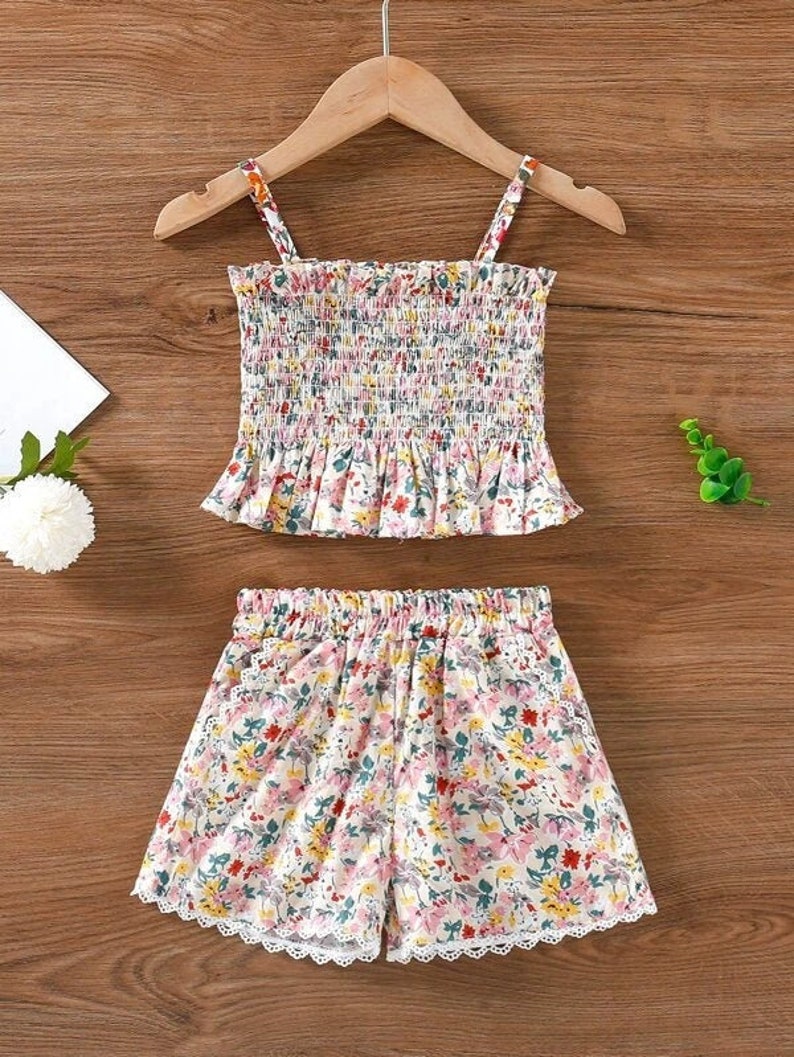 Cute Girl Clothing Set Toddler Girls Floral Print Shirred Cami Top /& Shorts Little Girl Cute Outfit Clothes Set