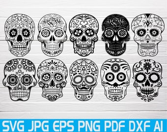 Sugar Skull Svg Collection Candy Skull Svg Dxf Sugar Skull Black and White Day Of The dead Skull Outline Silhouette Mexican Svg Cameo Svg