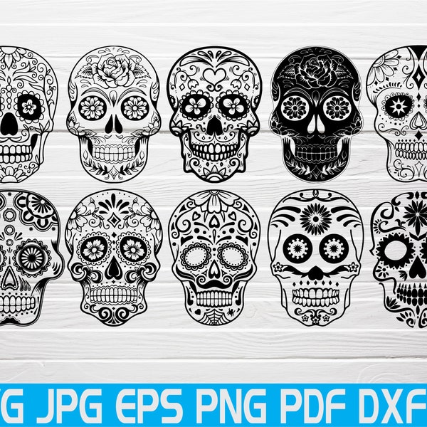 Sugar Skull Svg Collection Candy Skull Svg Dxf Sugar Skull Black and White Day Of The dead Skull Outline Silhouette Mexican Svg Cameo Svg