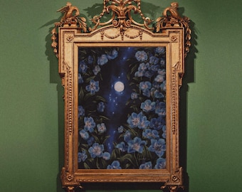 A Hero's Last Night - Frieren Inspired Landscape Art Print - Blue Moon Weed Oil Study - Ethereal Fantasy Wall Art