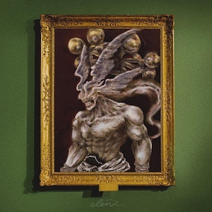 May include: A framed artwork featuring a muscular, grey-toned humanoid figure with a jagged, wing-like head structure and several floating golden spheres behind it. The figure has a wide, toothy grin and is set against a dark, deep red background.