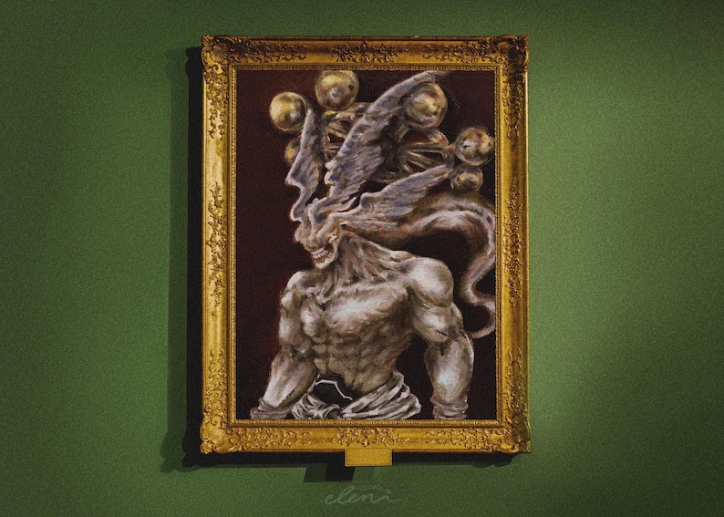 May include: A framed artwork featuring a muscular, grey-toned humanoid figure with a jagged, wing-like head structure and several floating golden spheres behind it. The figure has a wide, toothy grin and is set against a dark, deep red background.