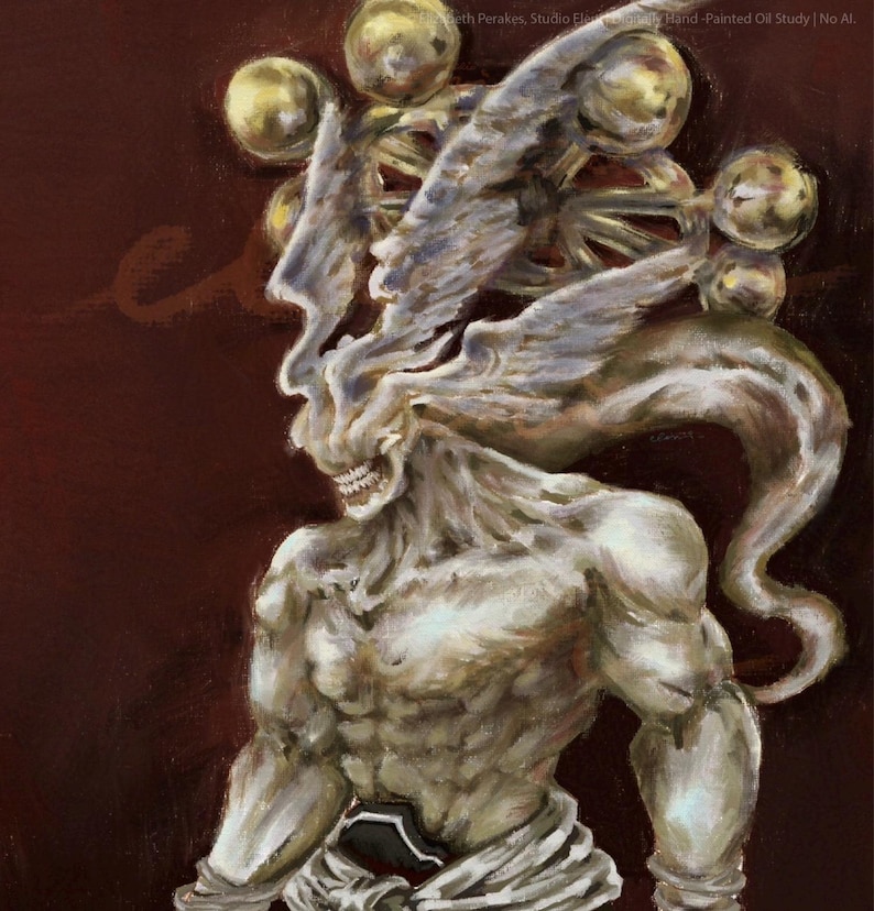 May include: An oil painting of a muscular, pale-skinned humanoid figure with a jagged, flame-like head and a crown of golden spheres. The figure has a visible set of teeth, a defined torso, and is set against a dark, deep red background.