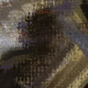 May include: An abstract painting featuring a textured composition of dark brown, muted gold, and soft blue tones. The surface displays layered brushstrokes and blended colors, with the word "elen" written in a thin, light orange script near the top center.