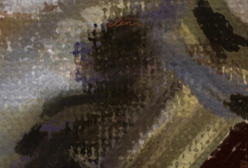 May include: An abstract painting featuring a textured composition of dark brown, muted gold, and soft blue tones. The surface displays layered brushstrokes and blended colors, with the word "elen" written in a thin, light orange script near the top center.
