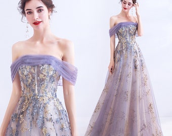 purple and silver gown