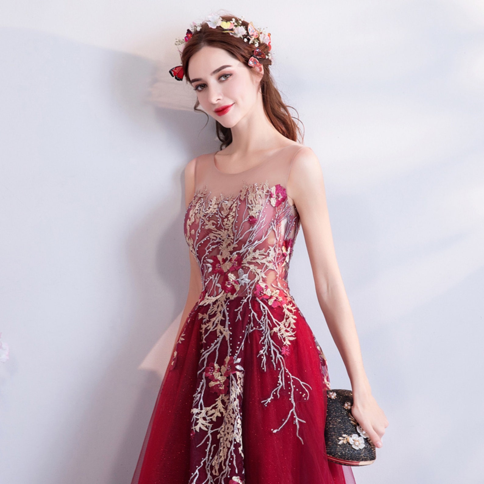 Red prom Dress 2020 Floral Party Dress Women Sheer Top Formal | Etsy