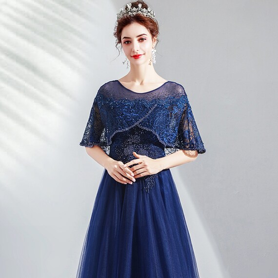 Elegant Navy Blue Formal Dress Cape Sleeve Evening Gown Beaded - Etsy  Singapore