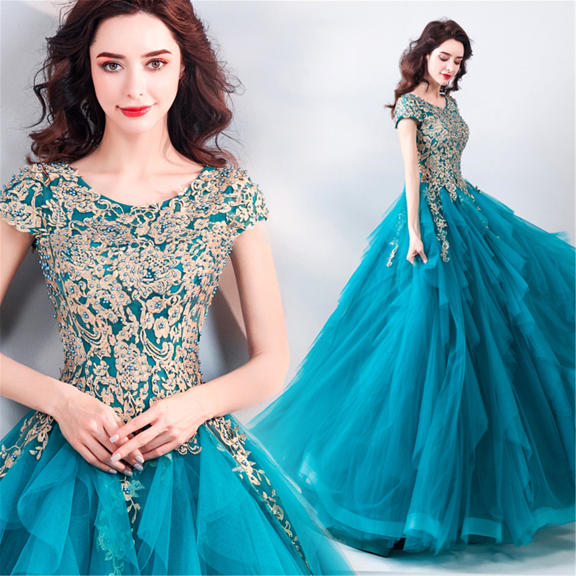 Fantasy Ice Blue Prom Ball Gown Pearls 
