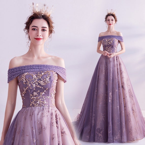 Royal Purple Prom Ball Gown off Shoulder Beaded Party Dress - Etsy