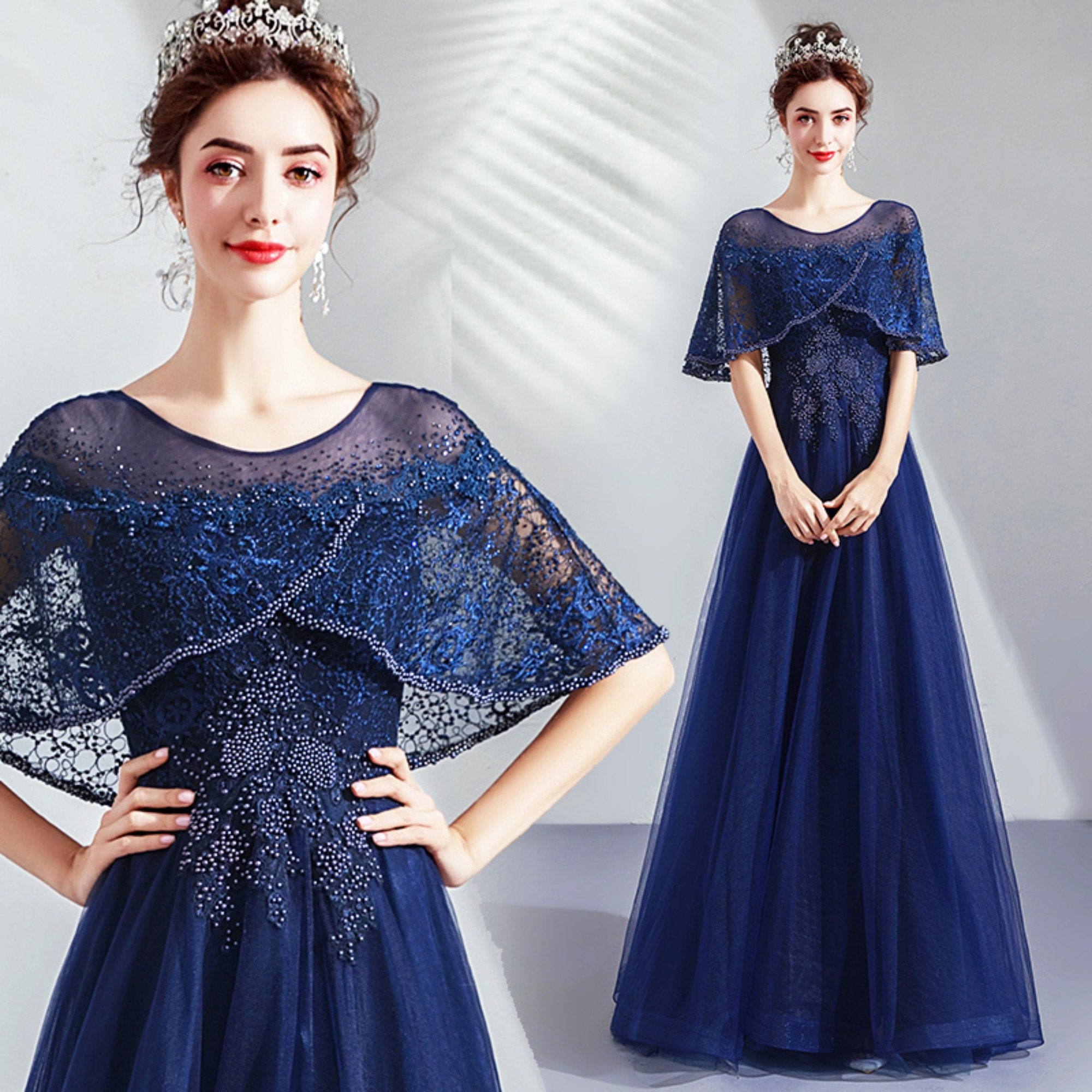 royal blue dress with cape